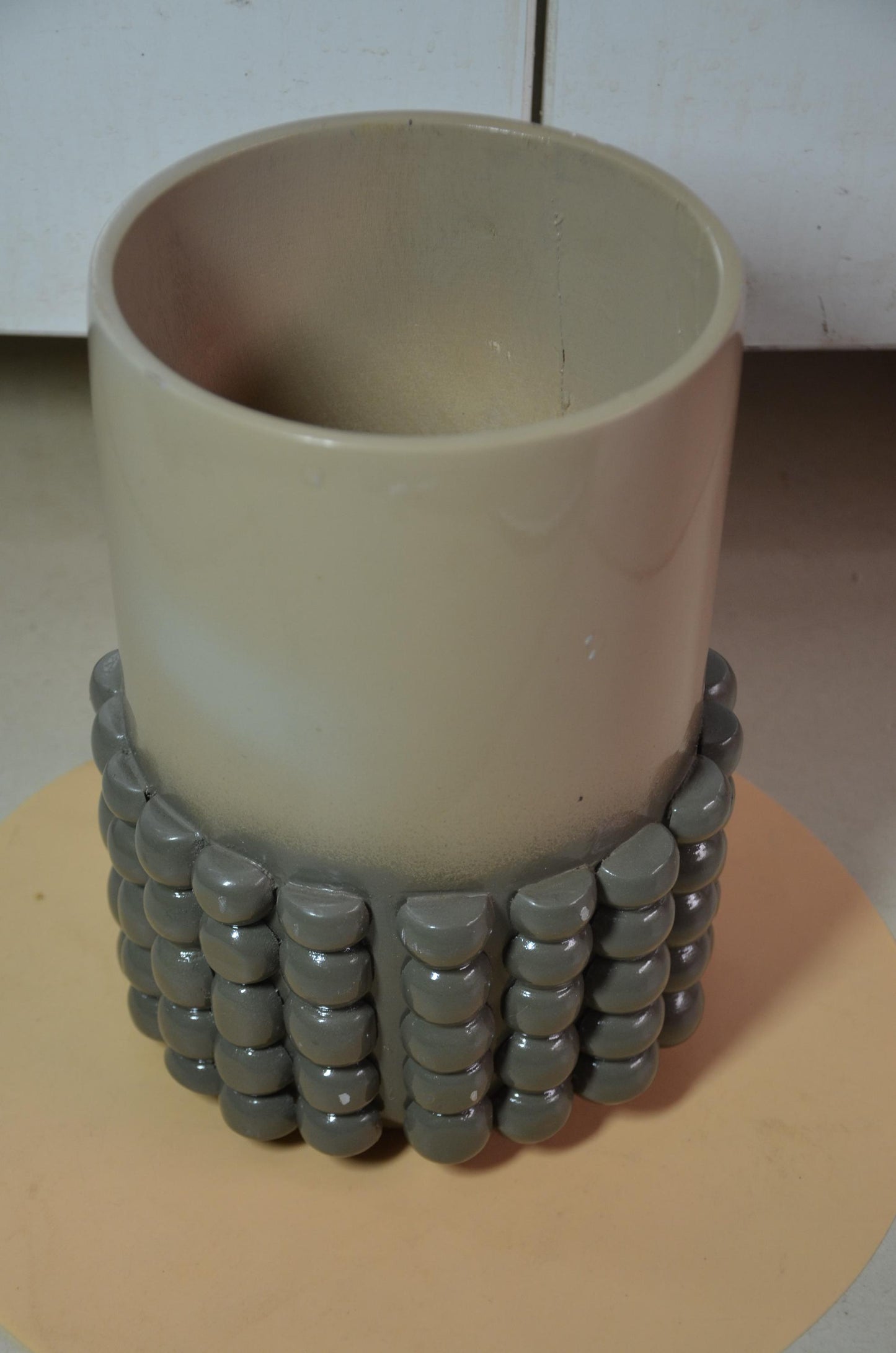 Beaded Wooden Cylinder Vase | Beige and Grey Bubble Texture Pillar Vessel
