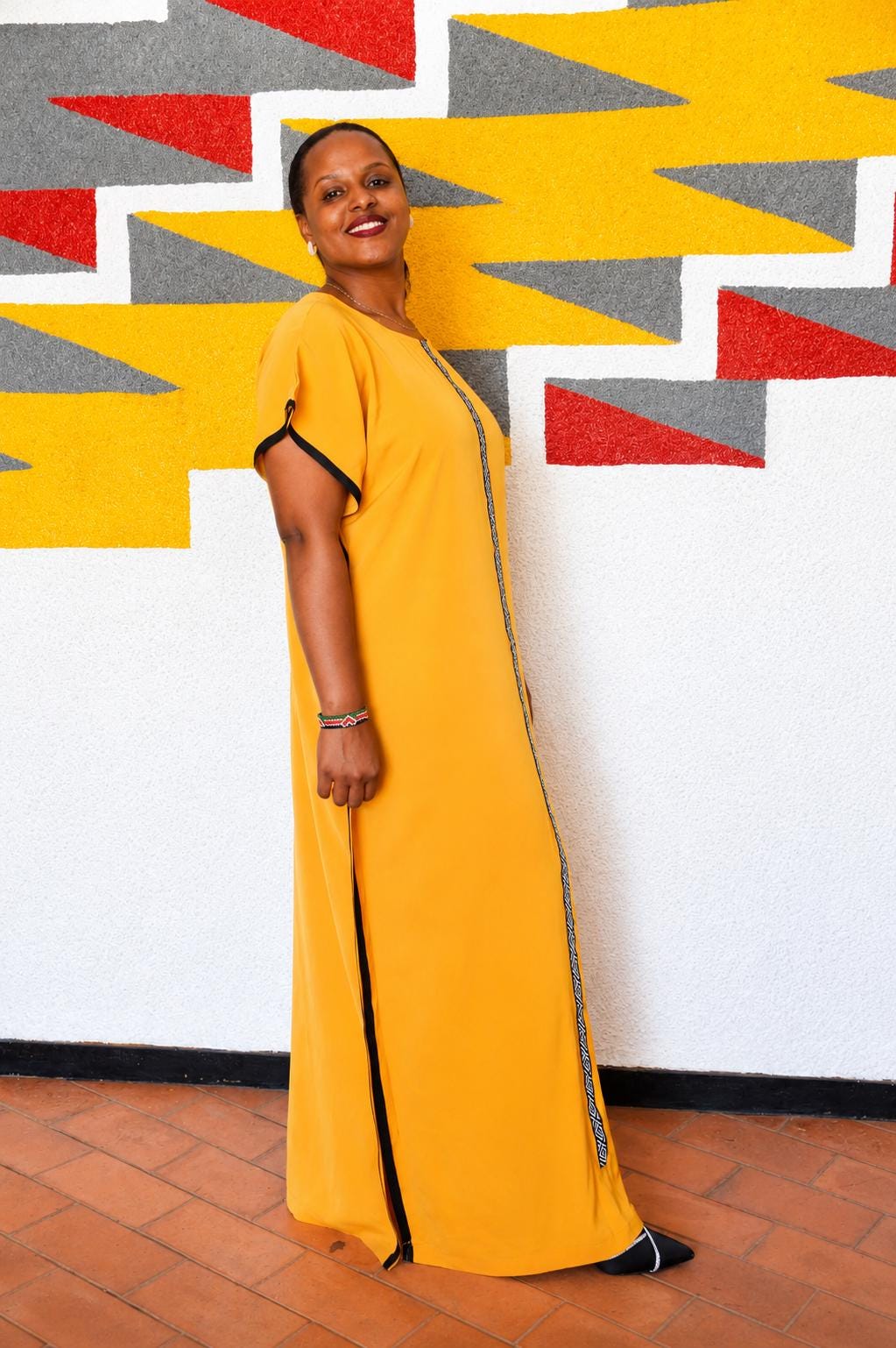 Minimalist Mustard Yellow Boubou Gown | Plain Kaftan with Patterned Placket, Solid Maxi