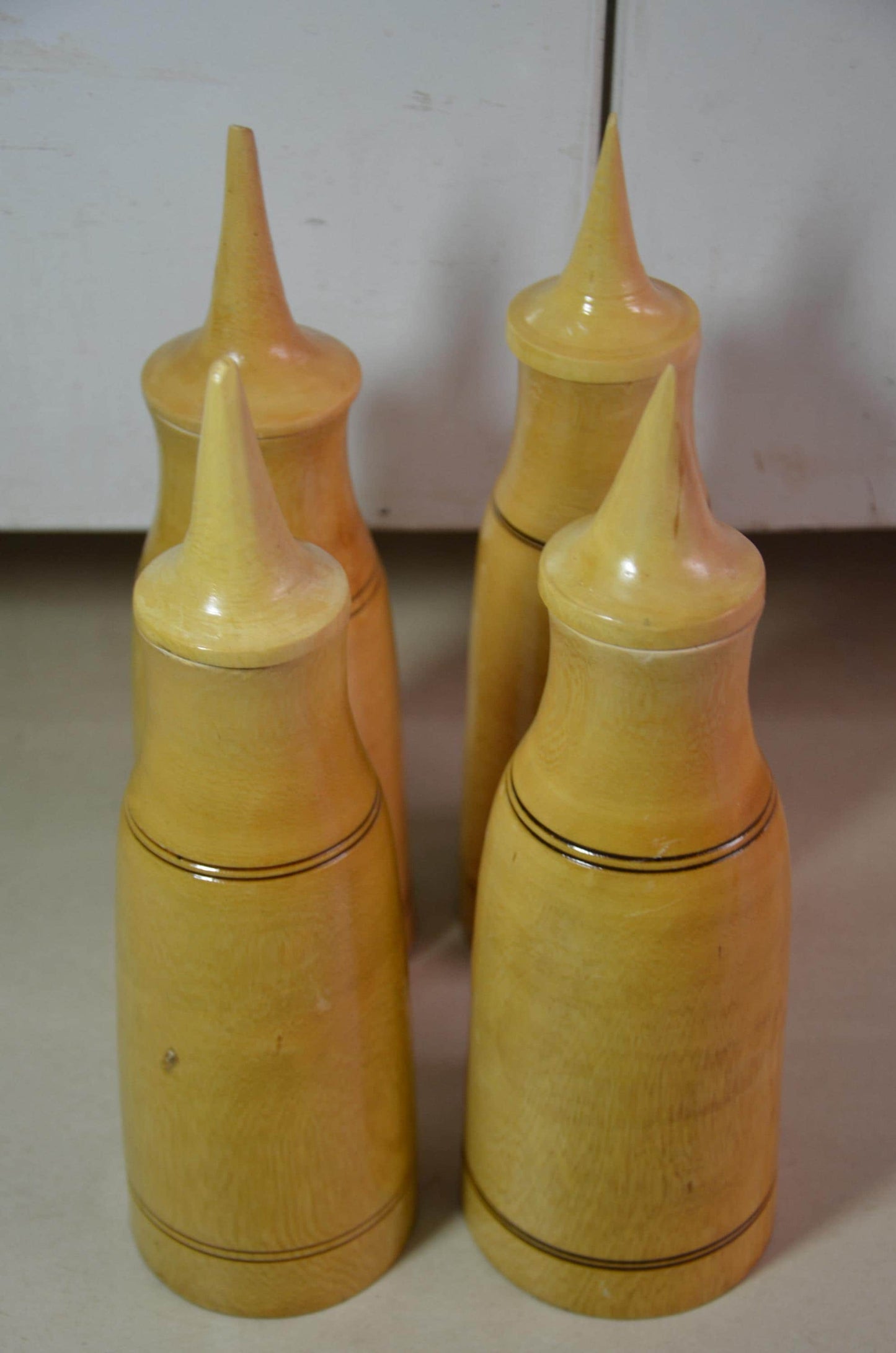 Blonde Wood Finial Bottles Set | Pointed Lid Canister Collection