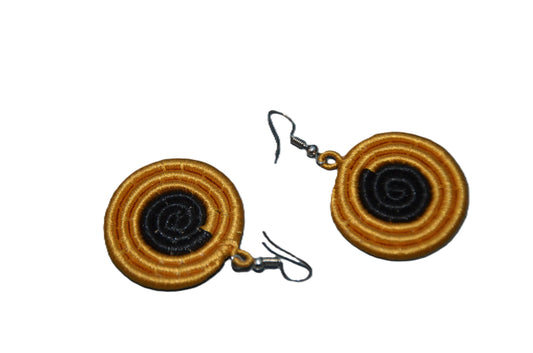 Small Black Yellow Sisal Rwandan Earrings, Handmade Woven African Basketry Jewelry, Boho Fiber Art