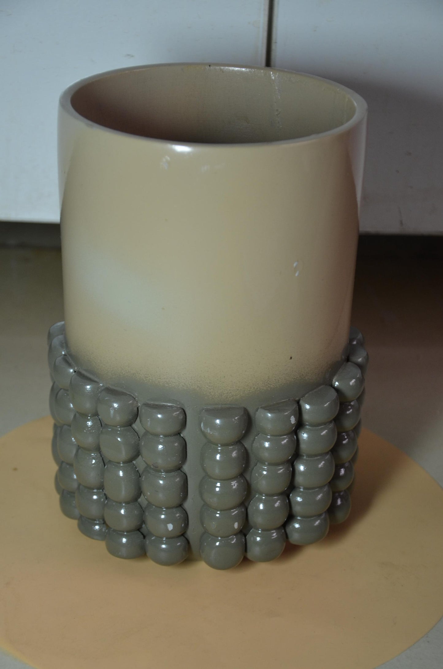 Beaded Wooden Cylinder Vase | Beige and Grey Bubble Texture Pillar Vessel