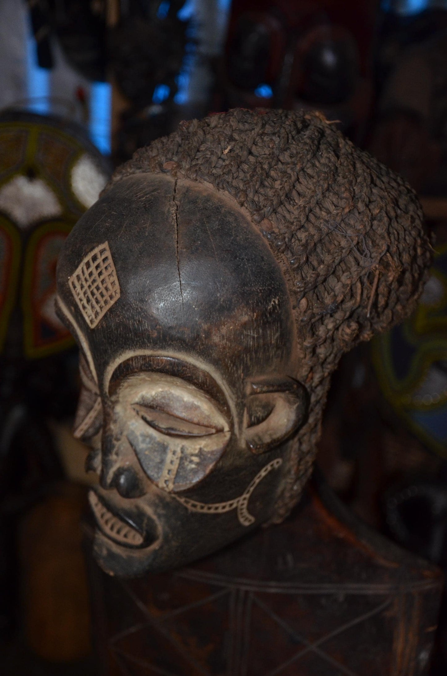Authentic Chokwe Pwo Mask - 14" Hand-Carved Wood Female Ancestor Portrait Sculpture, Traditional Kaolin Infill.