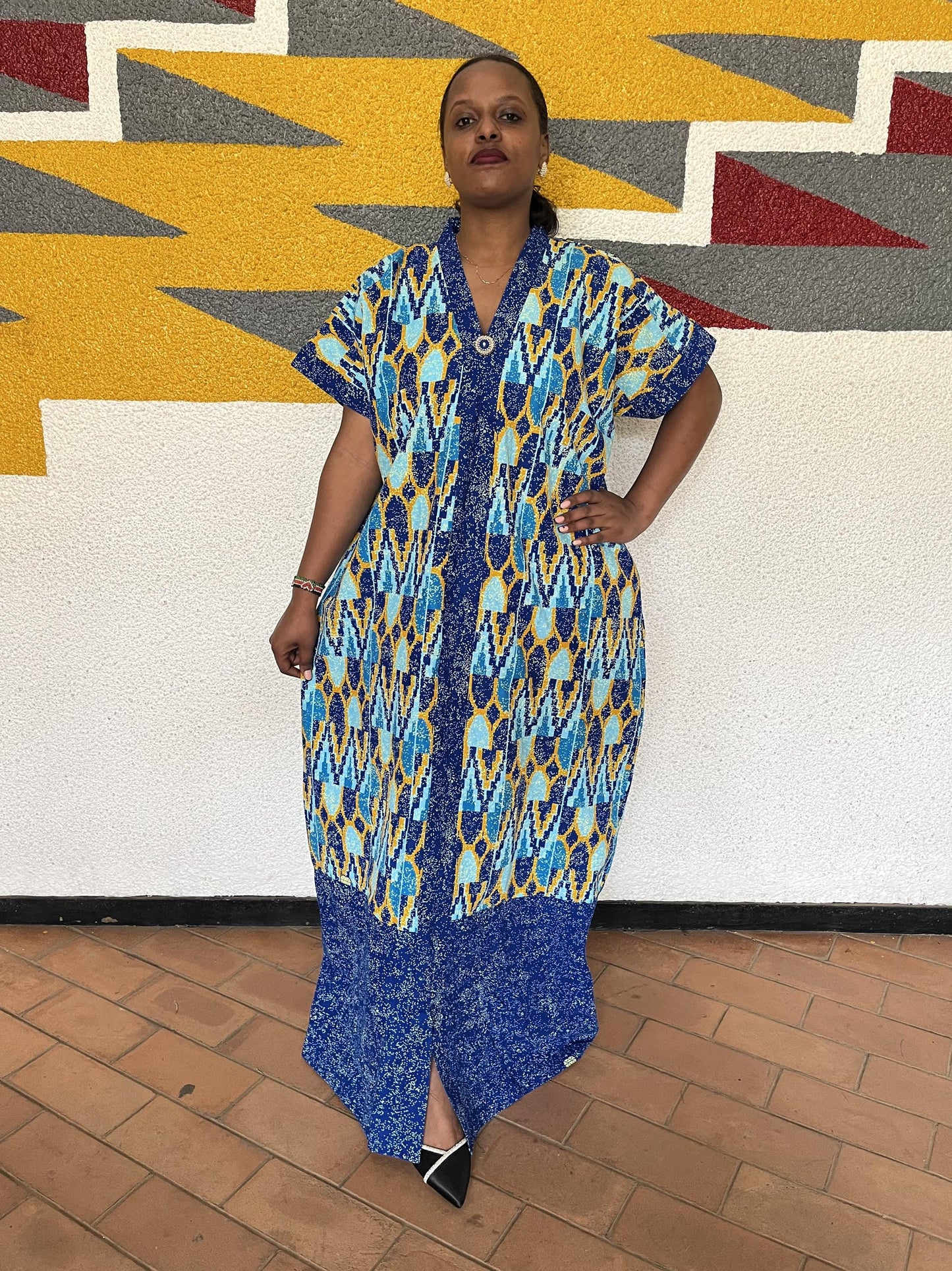 Royal Blue Geometric Shirt Kaftan | Buttoned Chevron-Ikat Boubou, Block-Hem Maxi