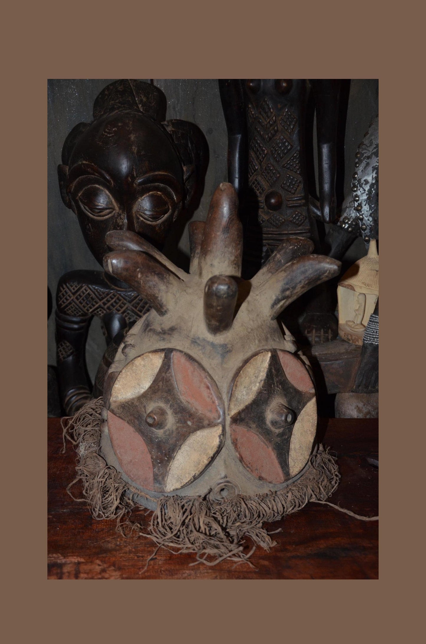 Authentic Luba or Songye Zoomorphic Helmet Mask - 17" Multi-Horned Kifwebe Art, Congo Polychrome Face Mask, High-End Tribal Wall Sculpture.