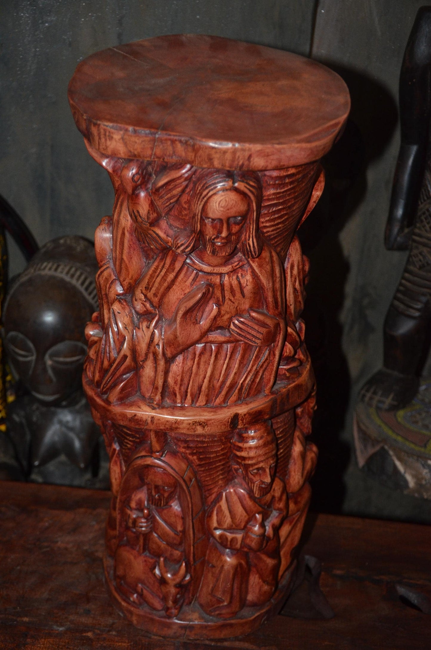 African Carved Wooden Stool | Relief Side Table | Handmade Tribal Furniture