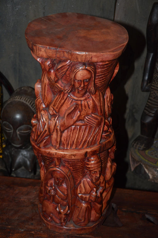 African Carved Wooden Stool | Relief Side Table | Handmade Tribal Furniture