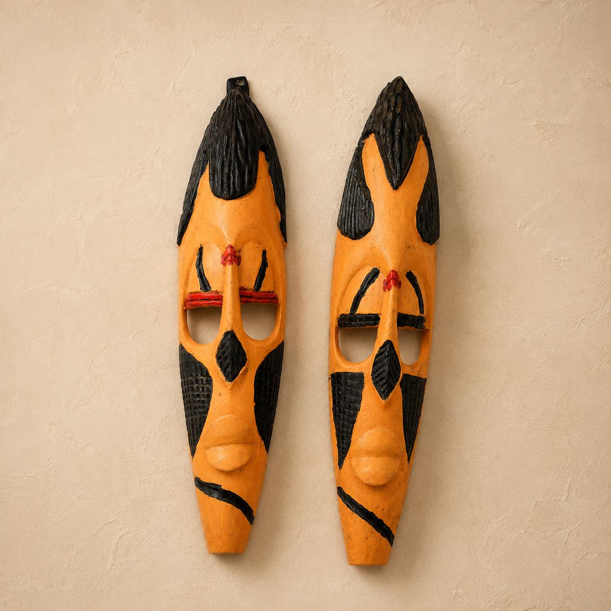 Wood Wall Art – Rwandan Nyiginya Kingdom Couple Masks, Hand-Carved African Wall Decor