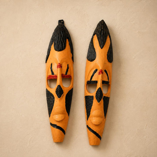 Wood Wall Art – Rwandan Nyiginya Kingdom Couple Masks, Hand-Carved African Wall Decor