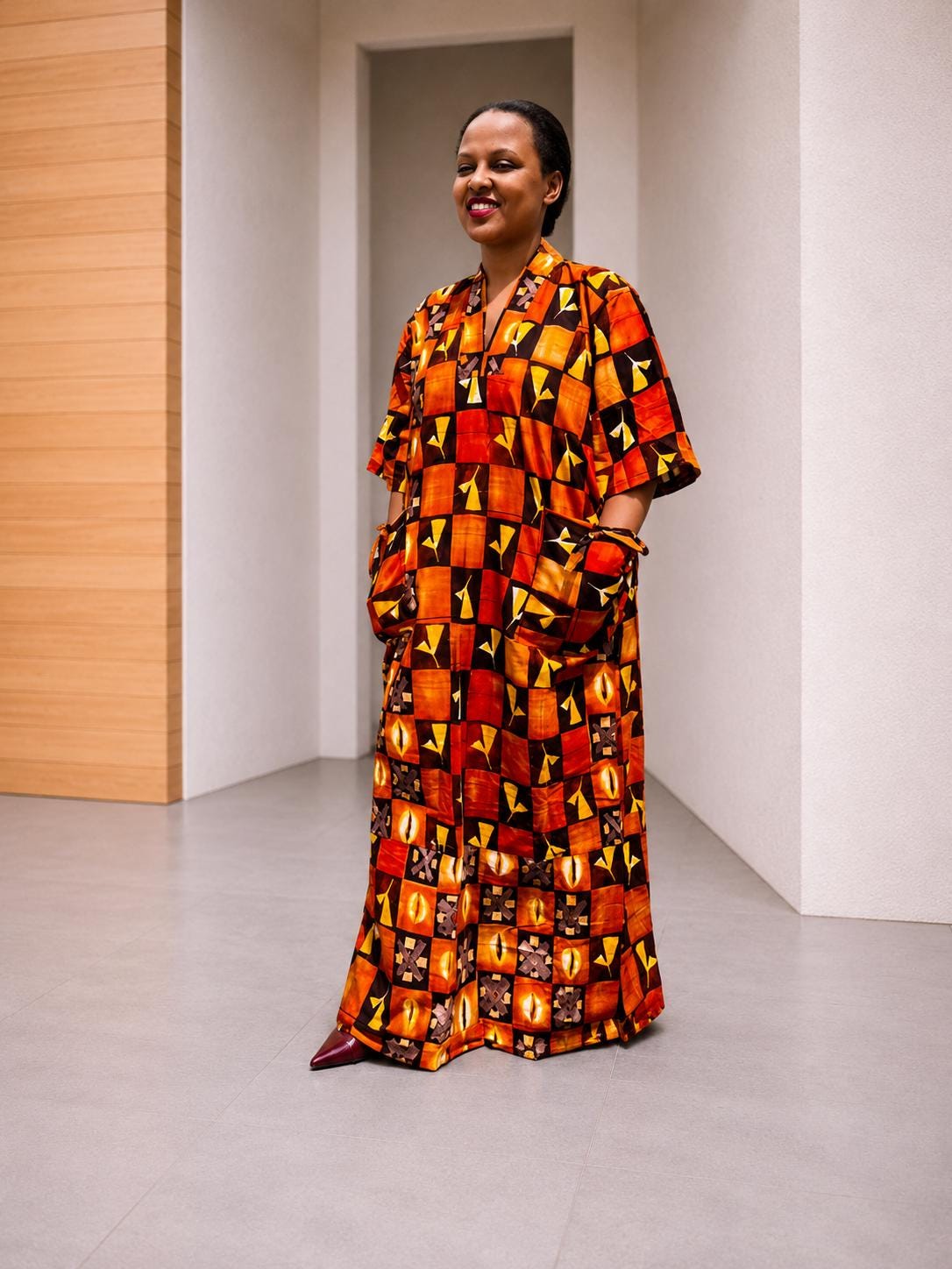 Mixed-Print Ankara Maxi Dress | Grid-Patterned African Boubou, Warm-Tone Patchwork