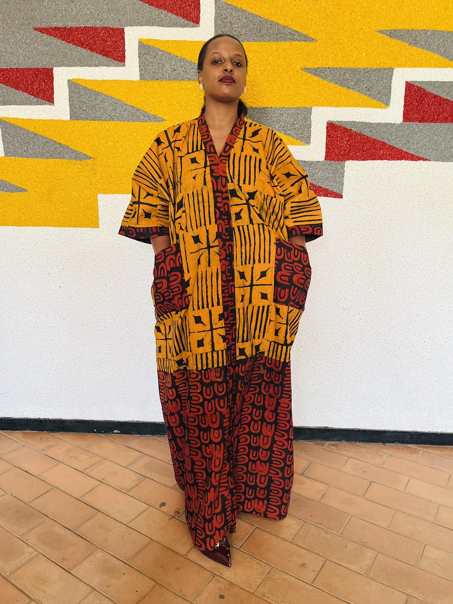 Split Graphic Ankara Boubou Gown | Half-and-Half Tribal Kaftan, Mustard and Burgundy Maxi