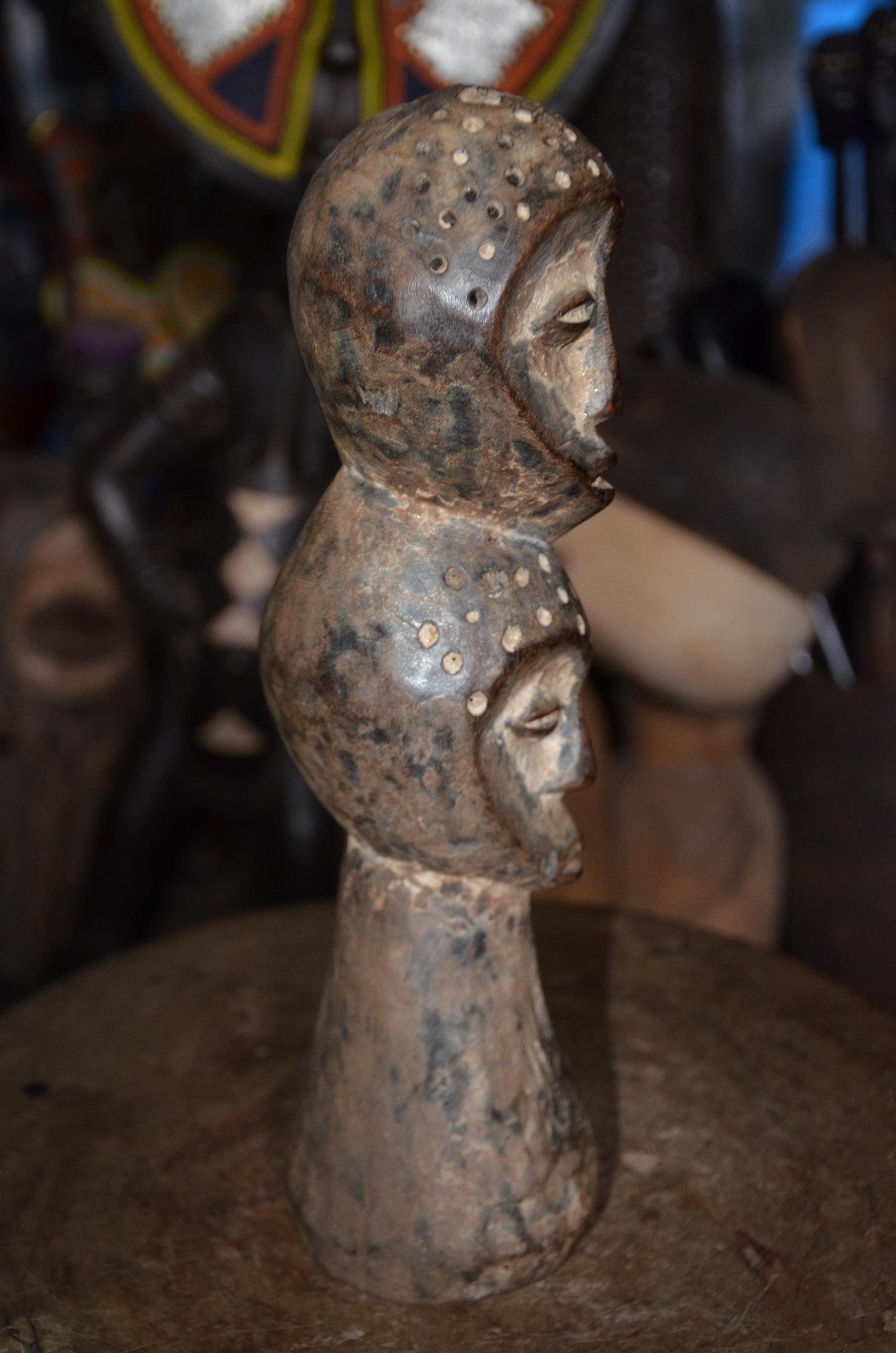Authentic Lega Multi-Headed Figure - 13" Hand-Carved Wood Sakmatwematwe Sculpture, Traditional Kaolin Clay Patina.