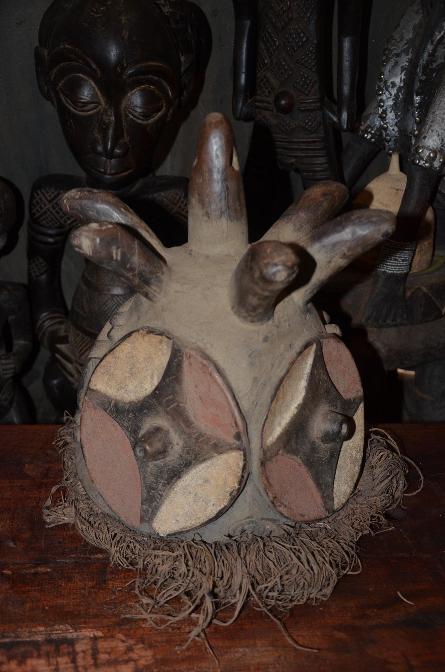 Authentic Luba or Songye Zoomorphic Helmet Mask - 17" Multi-Horned Kifwebe Art, Congo Polychrome Face Mask, High-End Tribal Wall Sculpture.