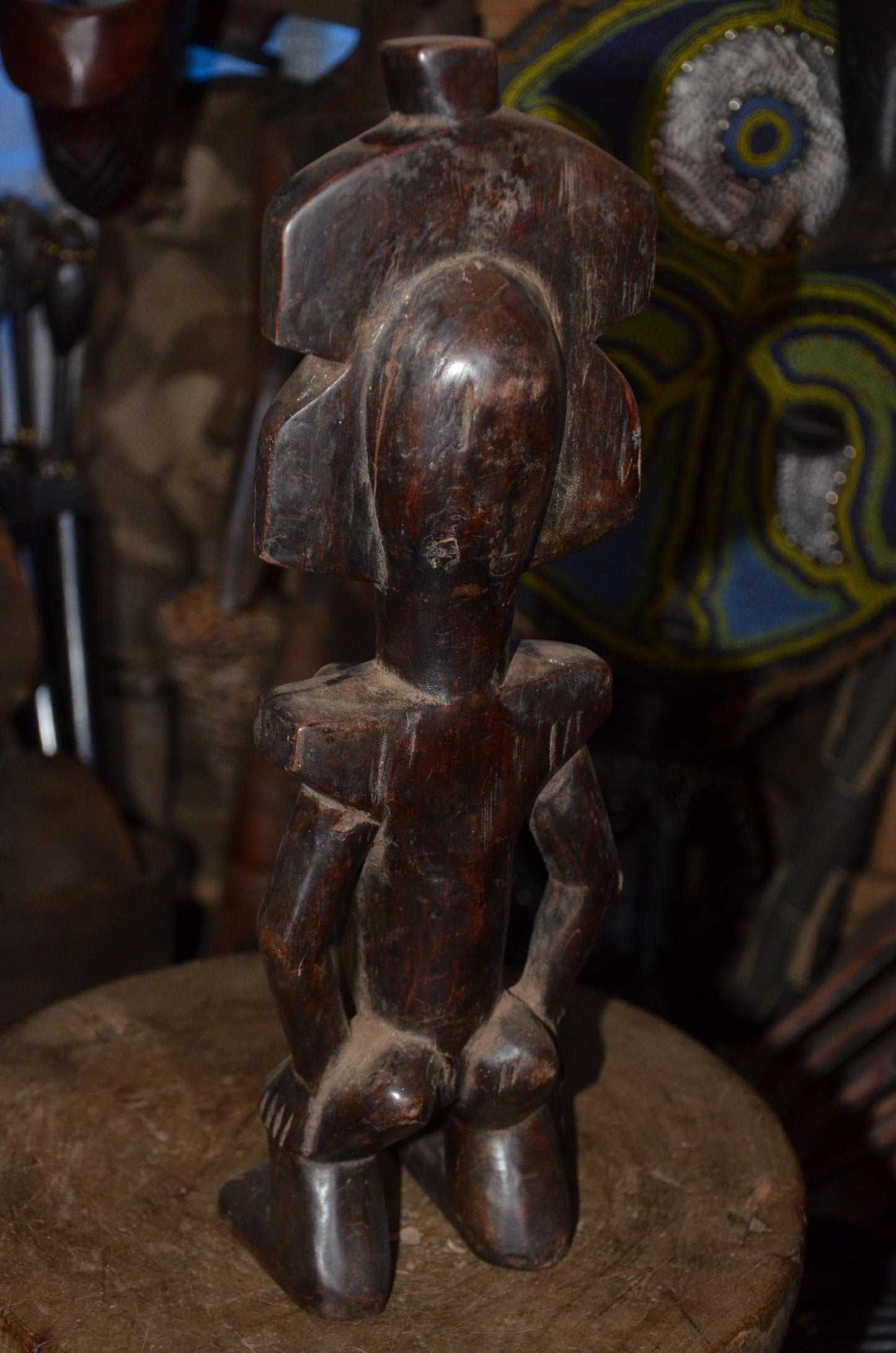 Fang Reliquary Guardian Figure - 17" Authentic Gabon Eyema Byeri Wood Statue, Cubist Geometry Ancestor Carving.