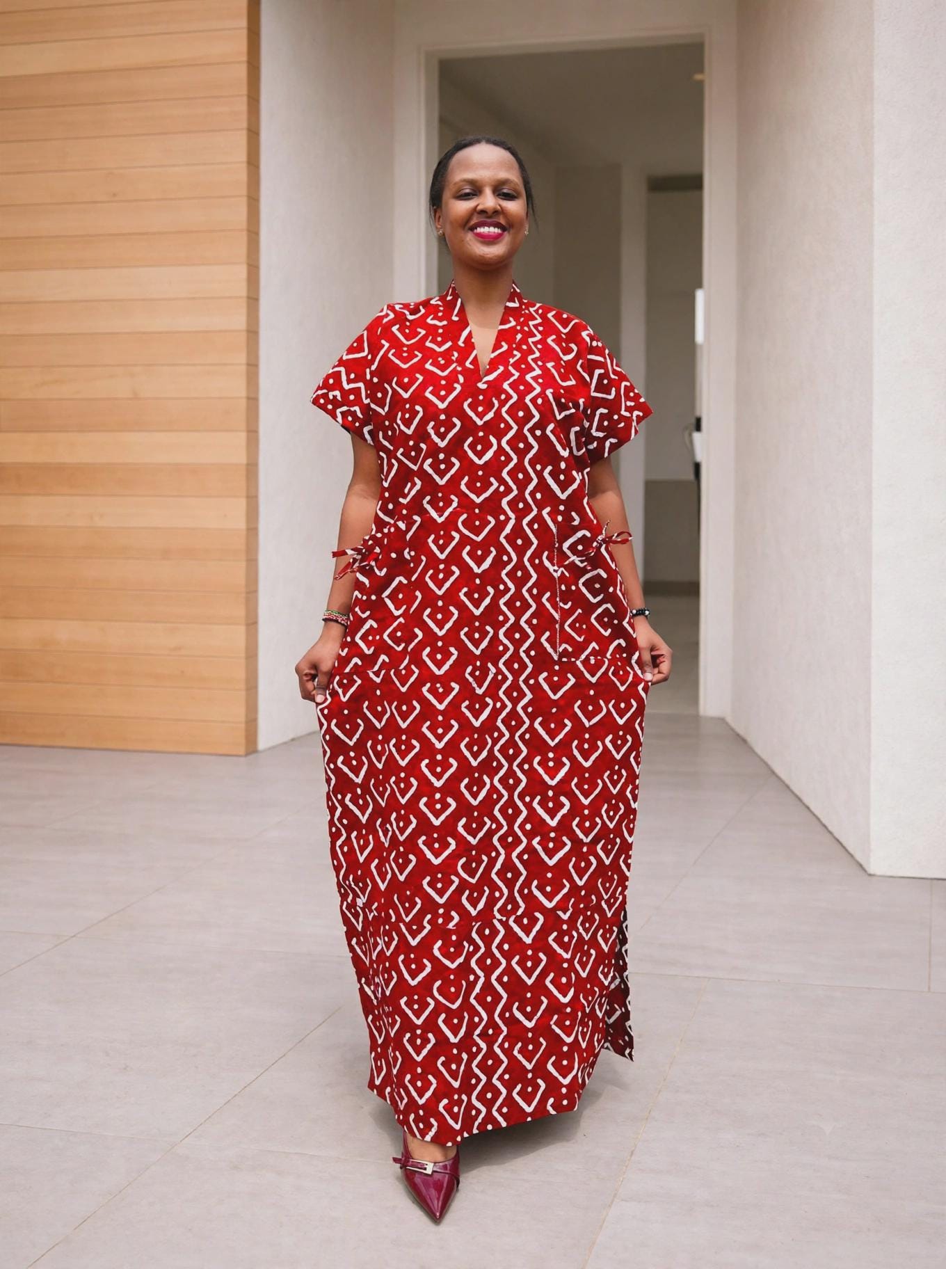 Geometric Rhombus Boubou Gown | Monochromatic Red Kaftan, Chevron-Frame Maxi