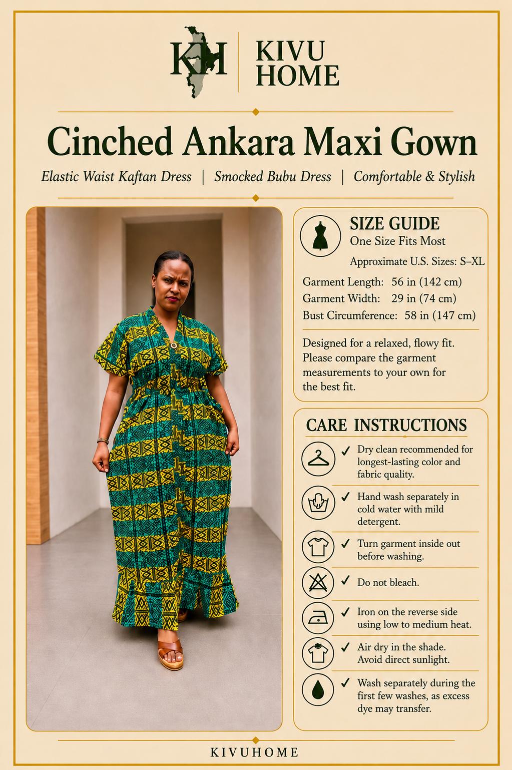 Cinched Ankara Maxi Gown | Elastic Waist Kaftan Dress, Smocked Bubu