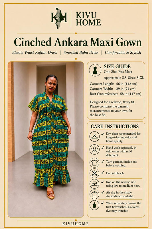 Cinched Ankara Maxi Gown | Elastic Waist Kaftan Dress, Smocked Bubu
