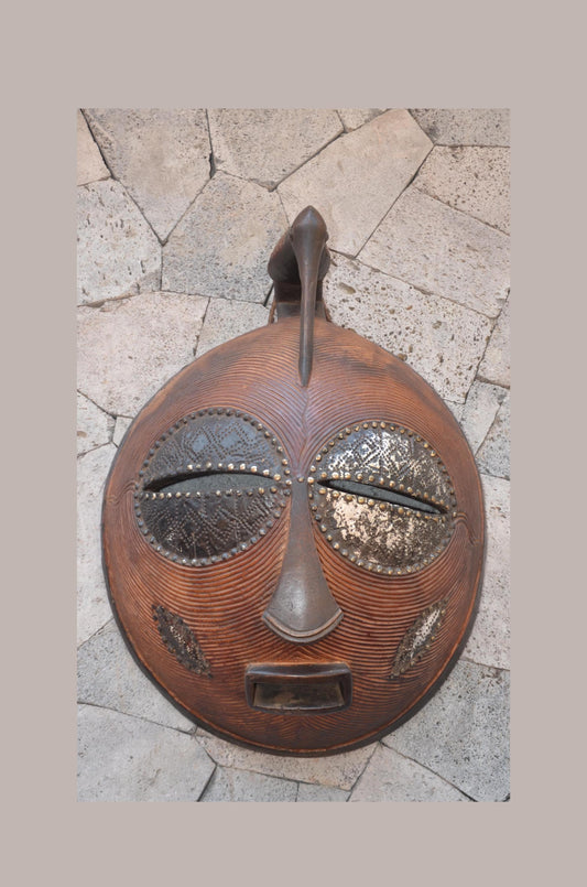 Luba Large African Mask – 33" Hand-Carved Wood & Brass Mask – Congo Wall Art.