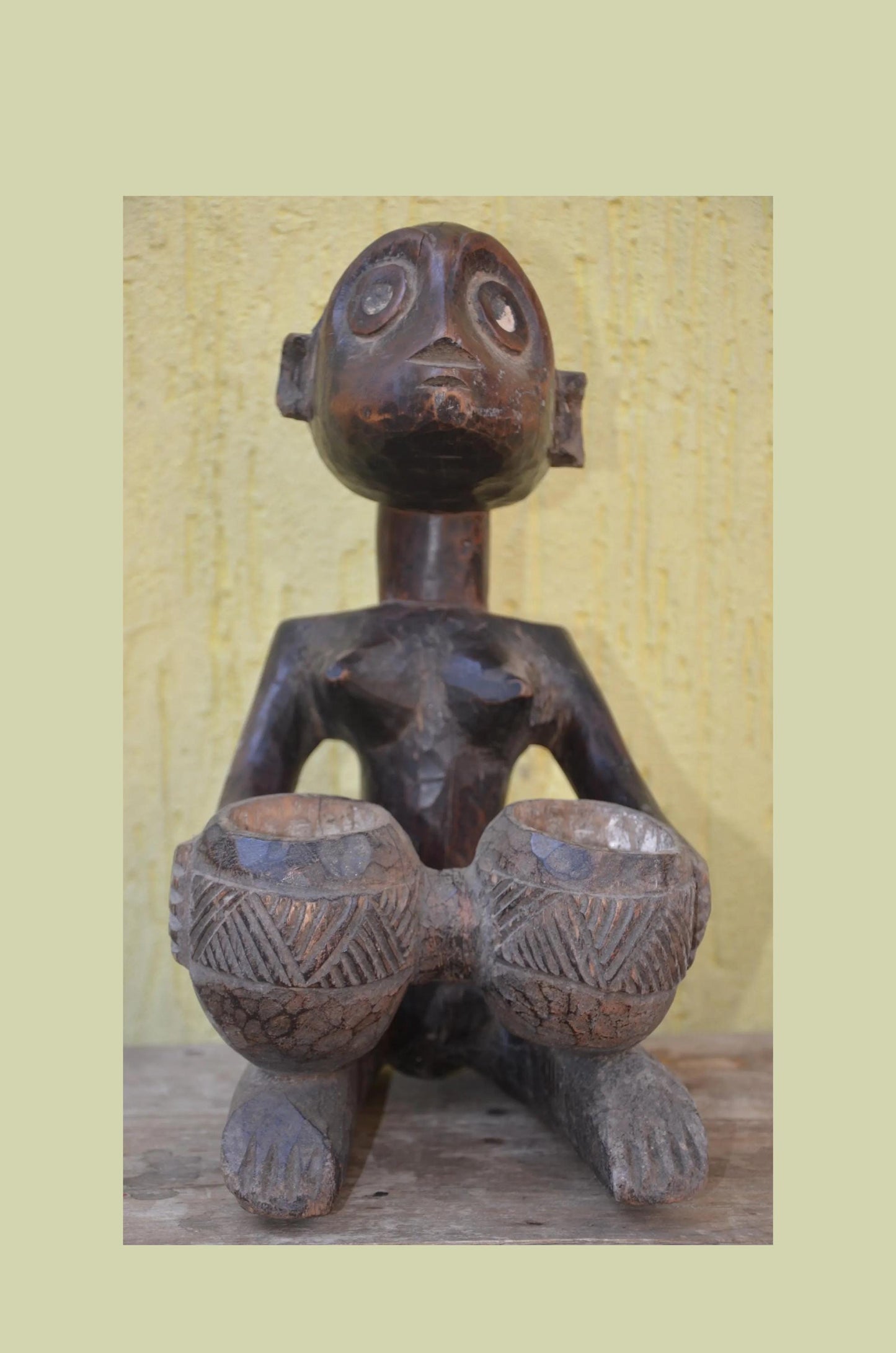 Luba Bowl Bearer Mboko – 14" Congo Hand-Carved Wood Statue – Tribal Decor