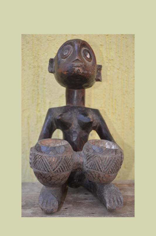 Luba Bowl Bearer Mboko – 14" Congo Hand-Carved Wood Statue – Tribal Decor