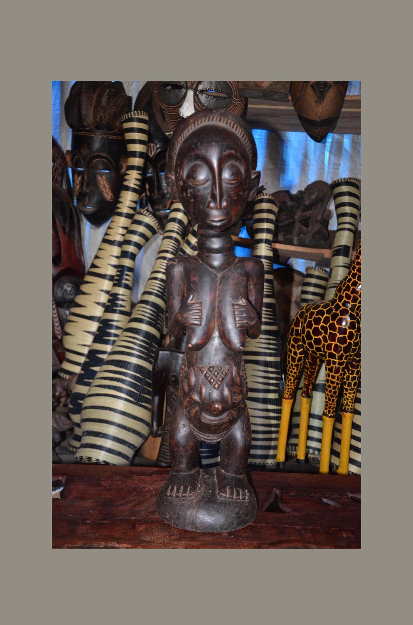 Luba Female Ancestor Fertility Figure - 29" Authentic Congo Wood Statue, Intricate Body Scarification, Prestige Tribal Art.