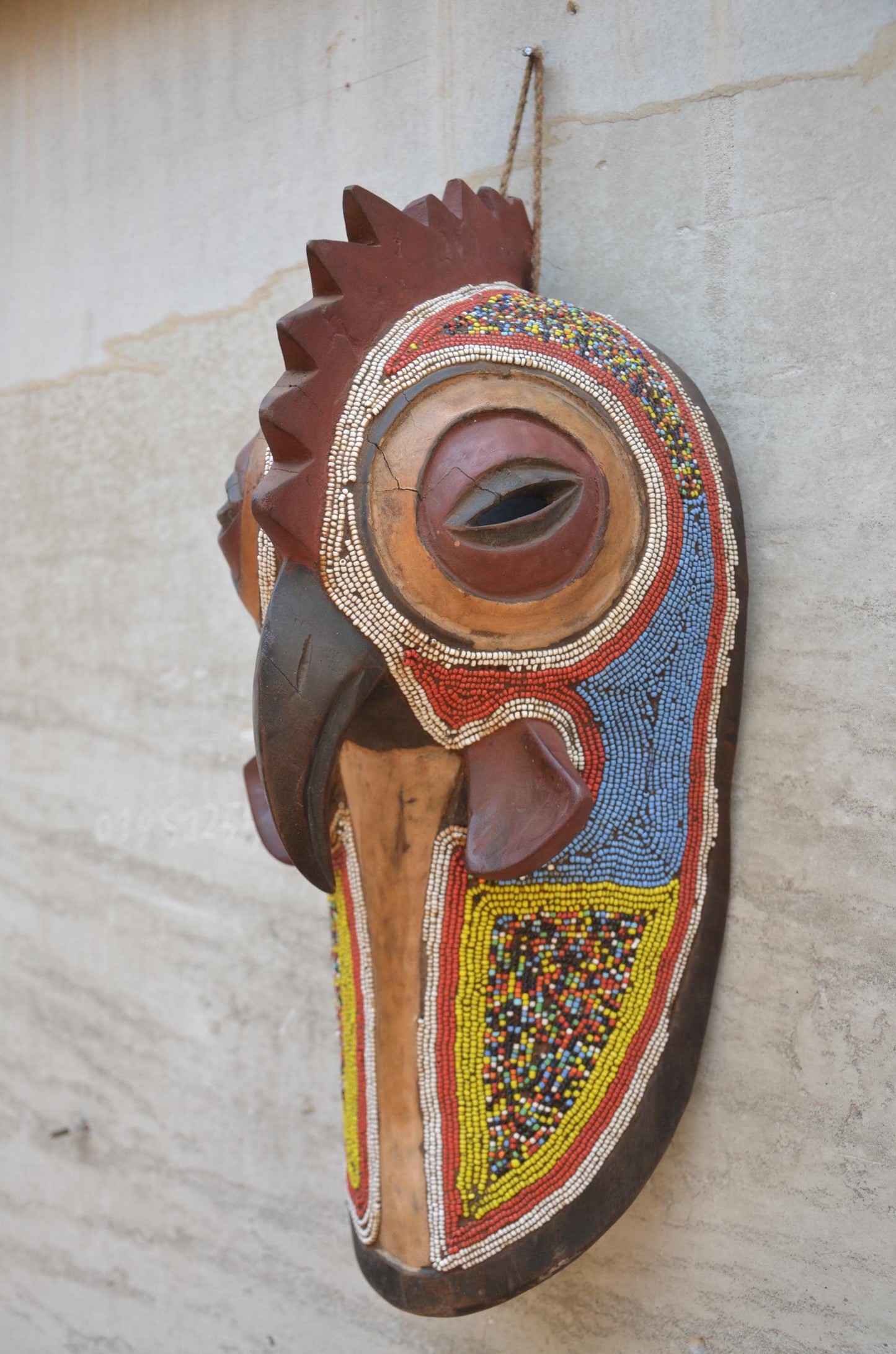 Authentic Cameroon Grassfields Beaded Rooster Mask - 17" Hand-Carved African Zoomorphic Bird Mask, Bamileke Style Beadwork Wall Sculpture.