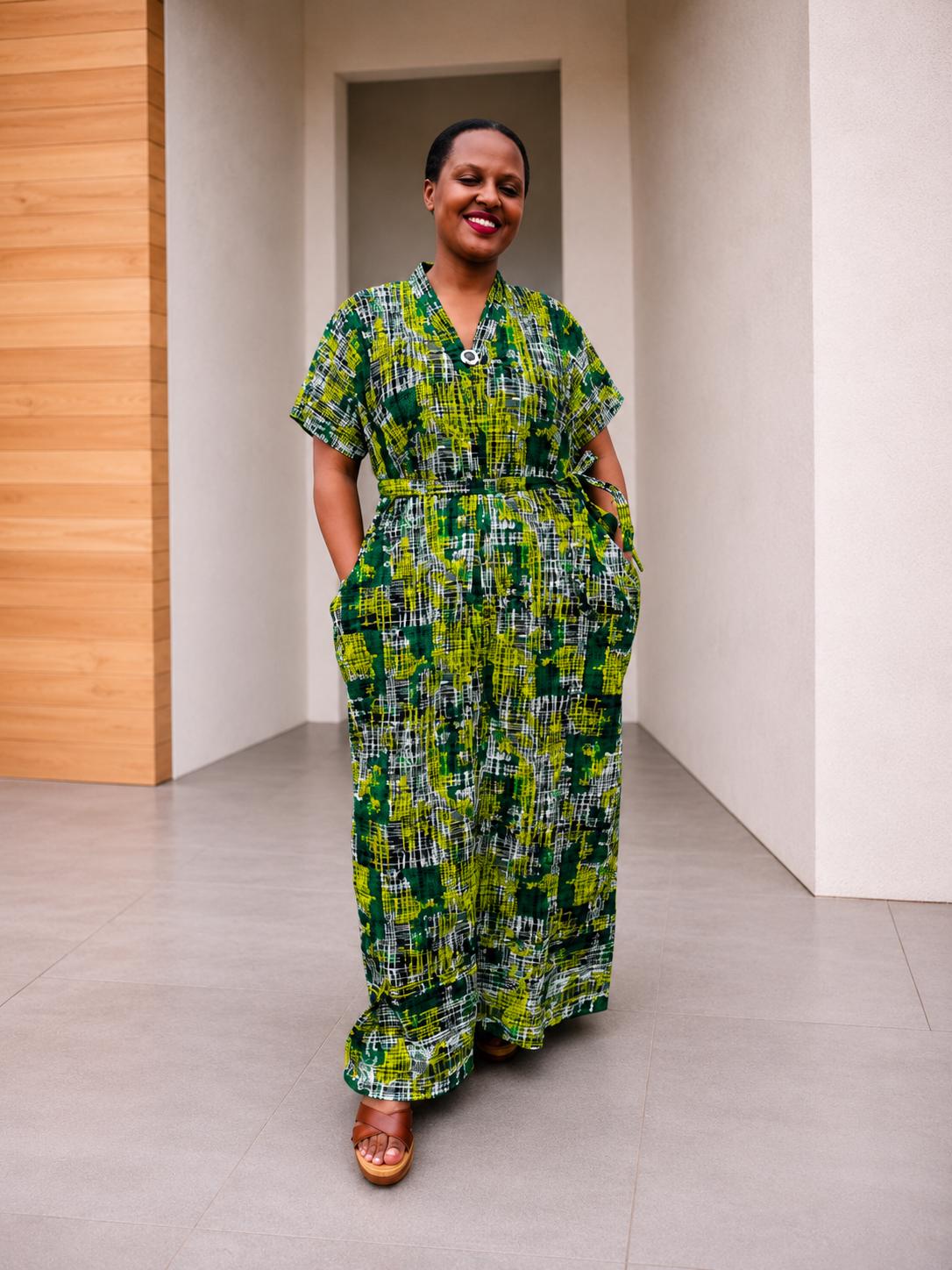 Crosshatch Kampala Boubou | Abstract Batik Kaftan Gown, Free-Size Silk Maxi