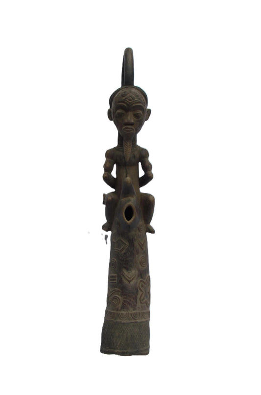 Hand-Carved Luluwa Prestige Ceremonial Pipe - Rare Congolese Tribal Art, African Wood Sculpture, Antique Lulua Collectible.