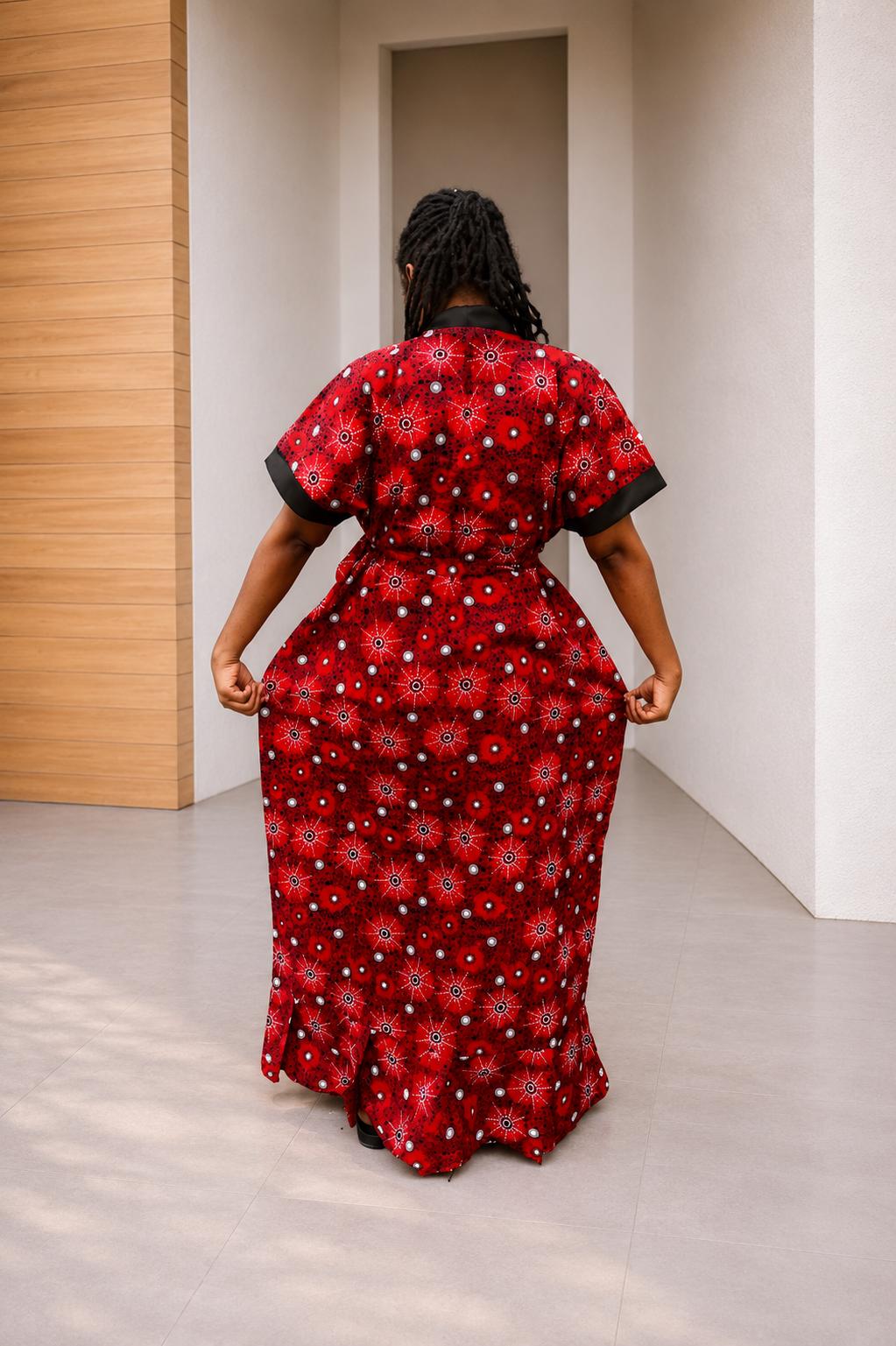 Tie-Front Ankara Kimono Maxi | Cuffed Satin-Trim Boubou, Red Gown
