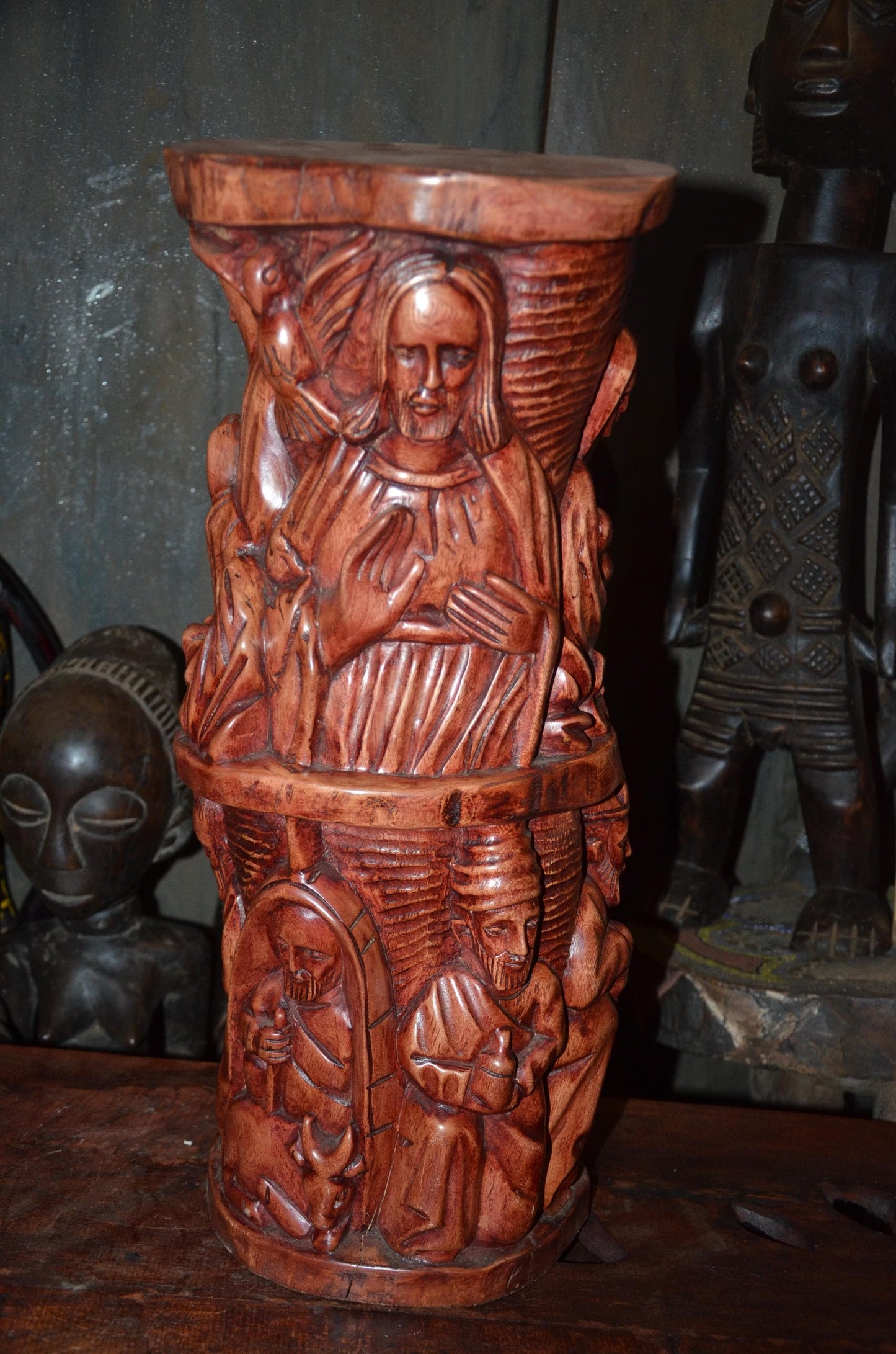 African Carved Wooden Stool | Relief Side Table | Handmade Tribal Furniture