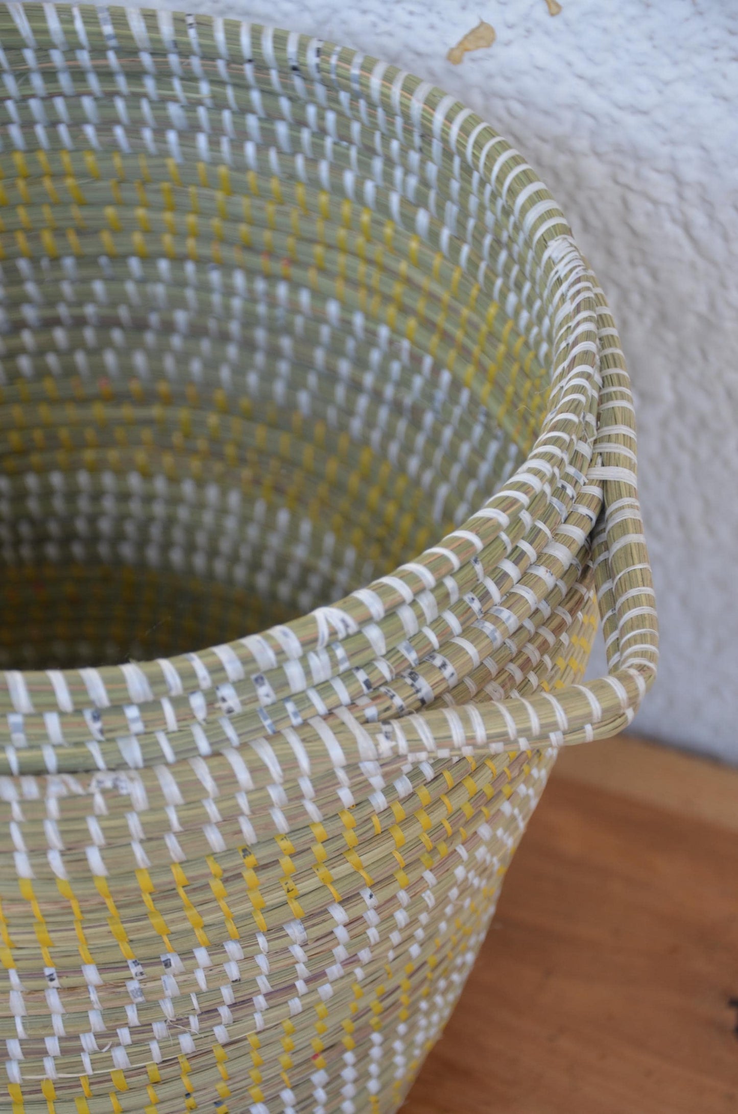 Handwoven Senegalese Coil Basket with Lid | Yellow and White Boho Storage Bin