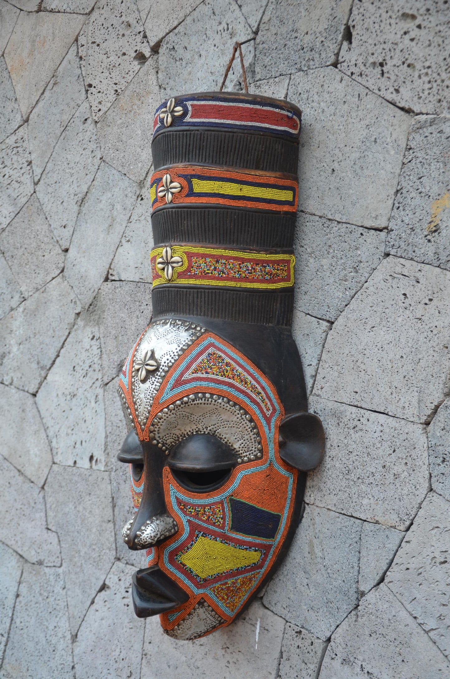 Yoruba Beaded Mask – 38" Large Hand-Carved Wood & Brass Mask – Wall Art
