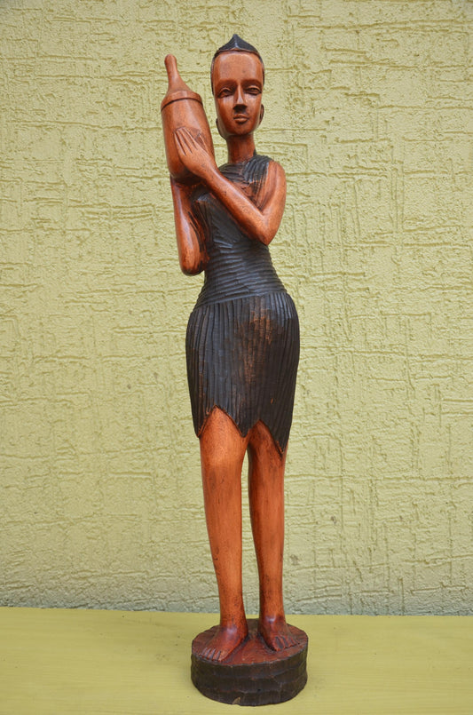 African Female Water Bearer Wooden Sculpture | Tribal Art