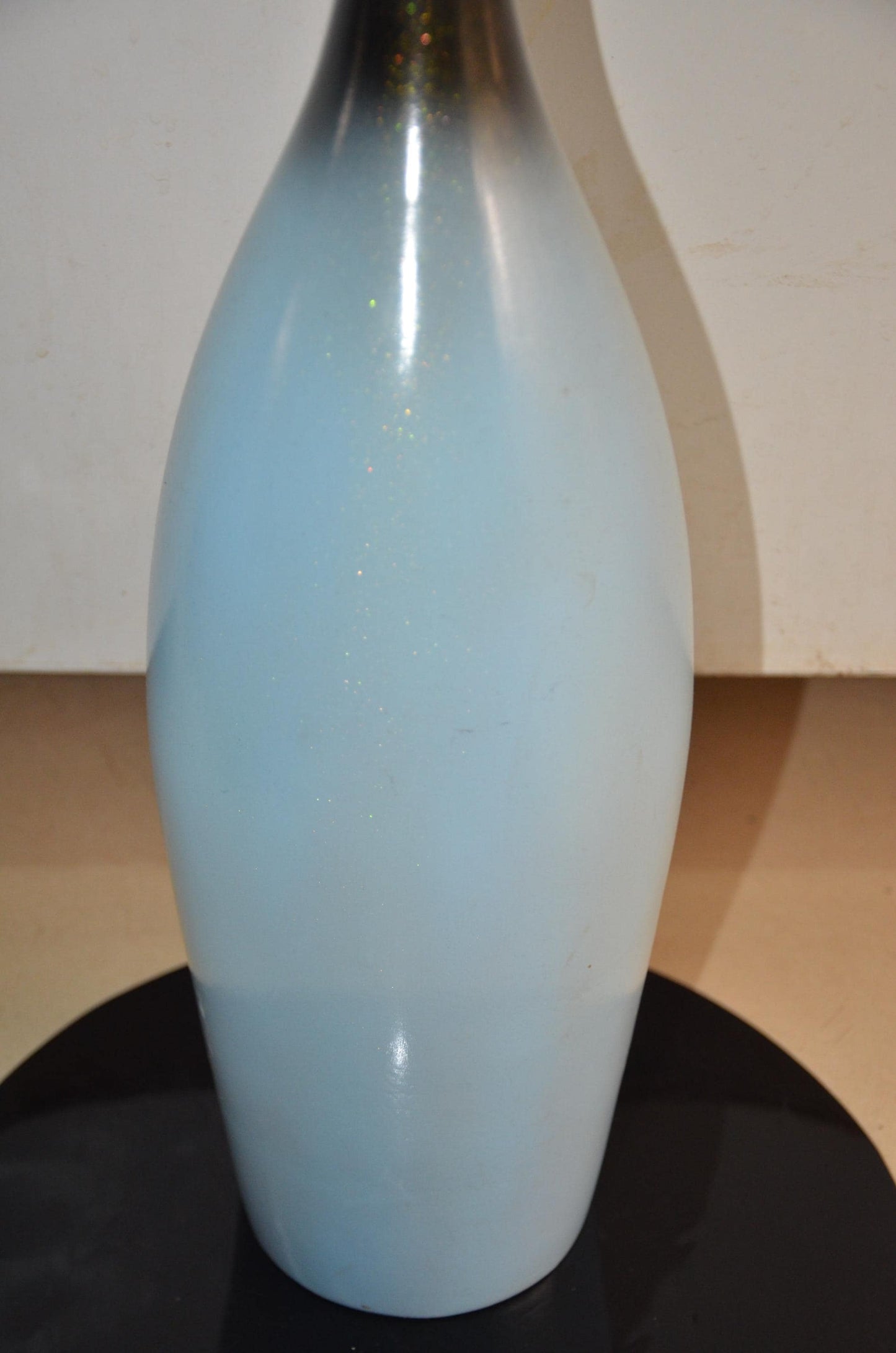 Tall Wooden Floor Vase | Light Blue and Black Long Neck Bottle Vase