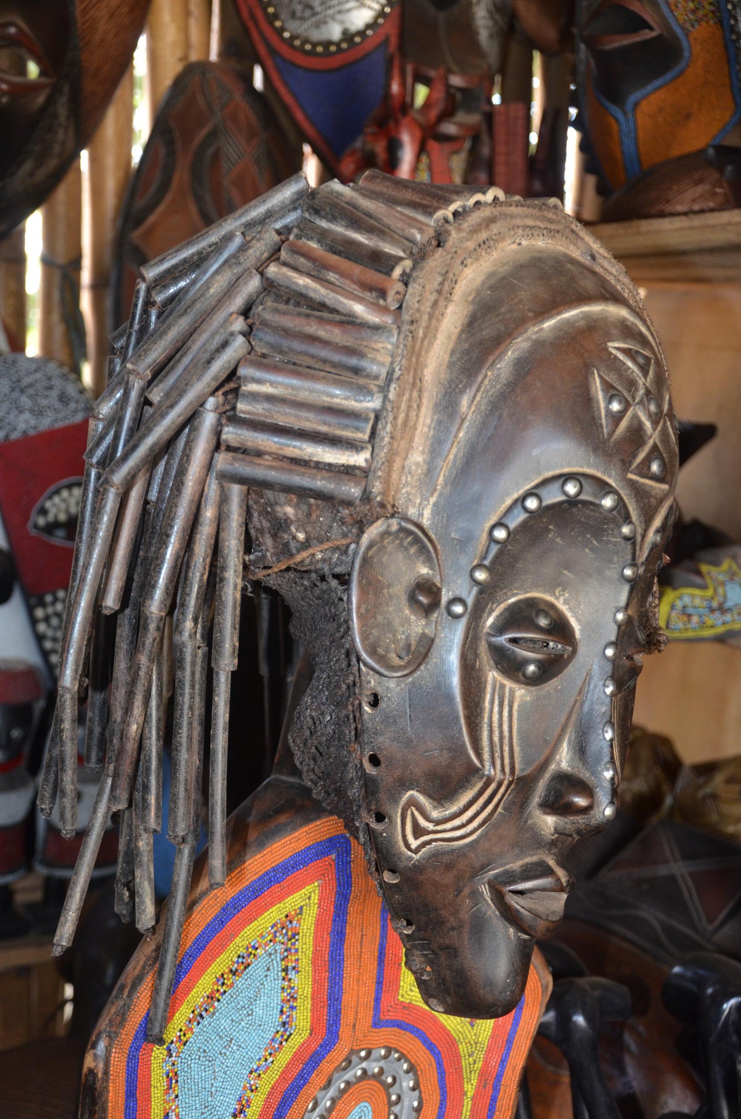 Authentic African Chokwe Mwana Pwo Mask - 19" Beaded Stand Display, Metallic Stud Details, Elegant Angola Tribal Wood Carving.