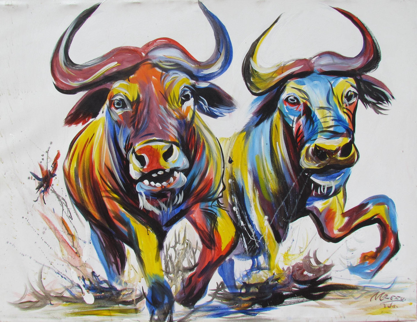 Peinture de buffle africain – Art mural original représentant la faune, décoration de salon, œuvre d'art africaine peinte à la main, style contemporain