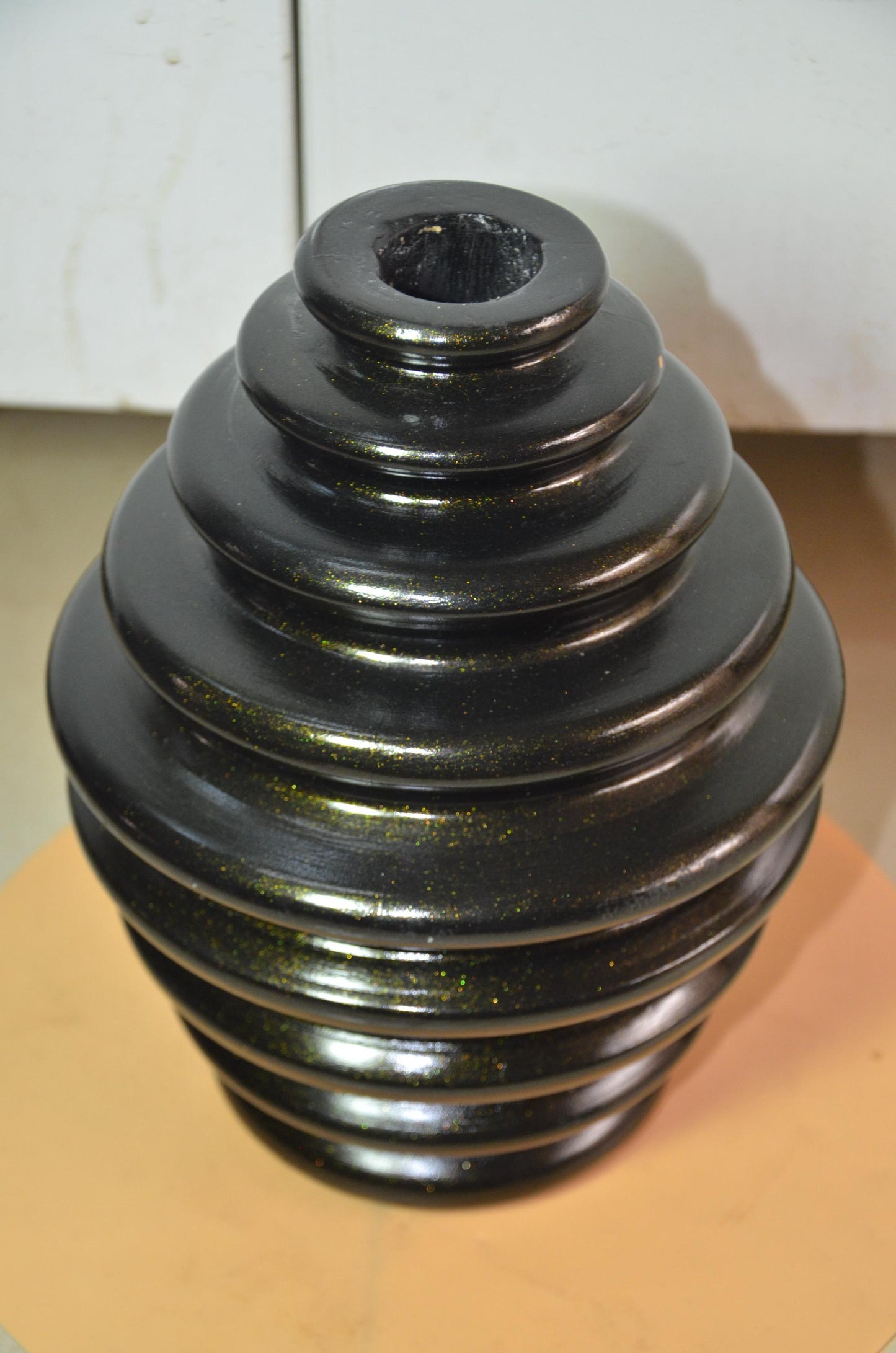 Large Black Wooden Ribbed Vase | Gold Shimmer Beehive Ringed Vessel, Nordic Decor
