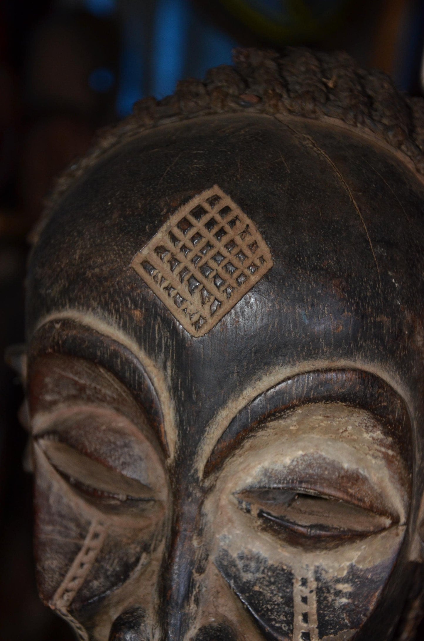 Authentic Chokwe Pwo Mask - 14" Hand-Carved Wood Female Ancestor Portrait Sculpture, Traditional Kaolin Infill.