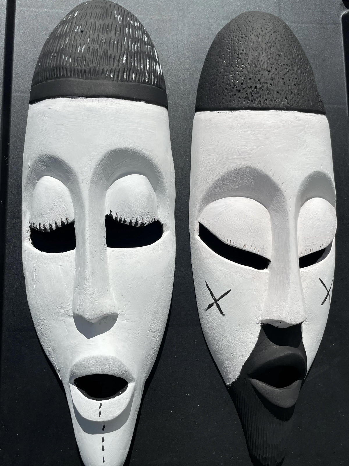 Rwandan Bagiri Mask Pair â€“ 17" Hand-Carved African Wood Wall Art, Black & White Face Masks