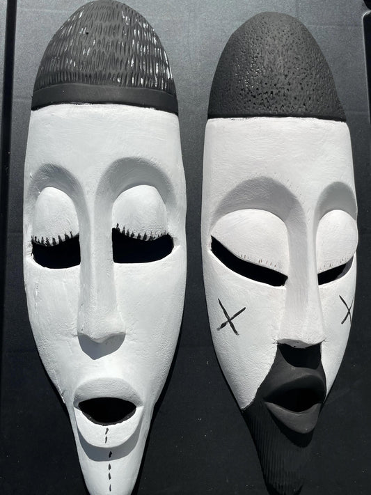 Rwandan Bagiri Mask Pair â€“ 17" Hand-Carved African Wood Wall Art, Black & White Face Masks