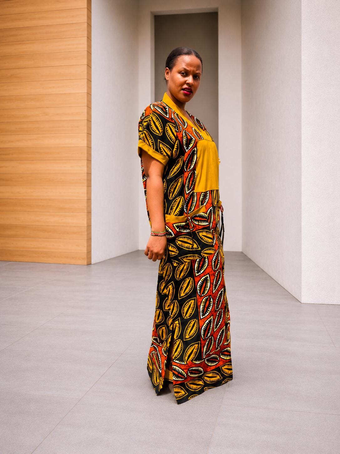 Color-Blocked Mustard Leaf Kaftan | Paneled Botanical Maxi, Trimmed Bubu