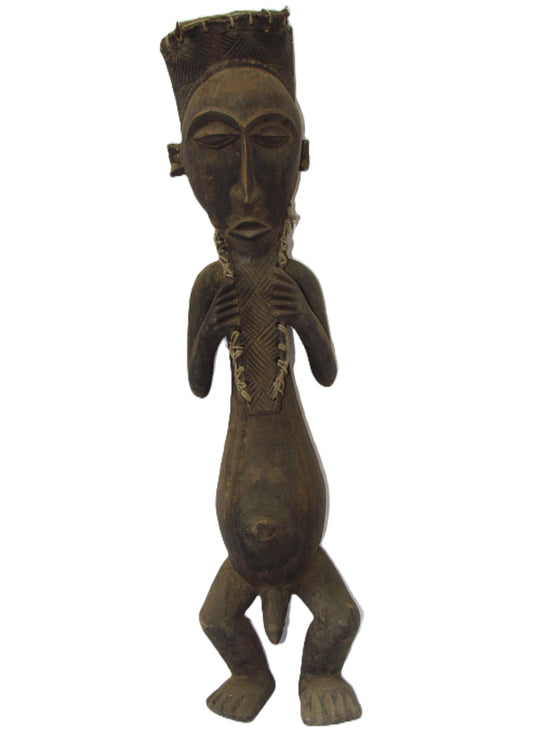Statue originale primitive en bois sculpté à la main de la tribu Kusu « Homme sage » de la RDC.
