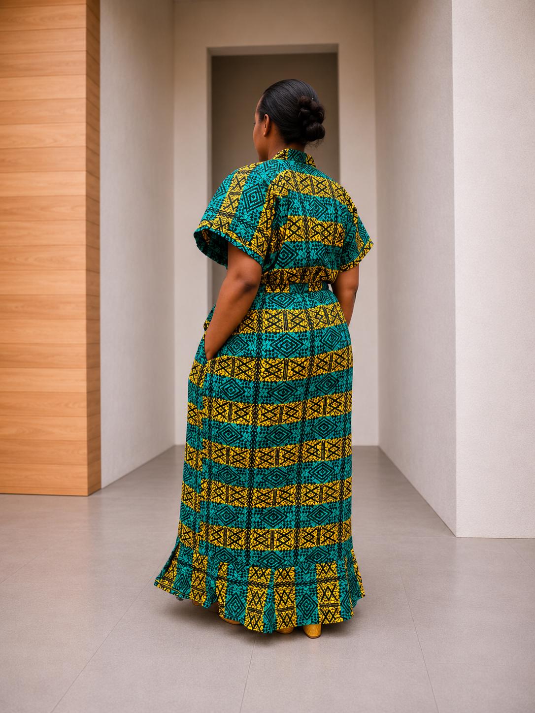 Cinched Ankara Maxi Gown | Elastic Waist Kaftan Dress, Smocked Bubu