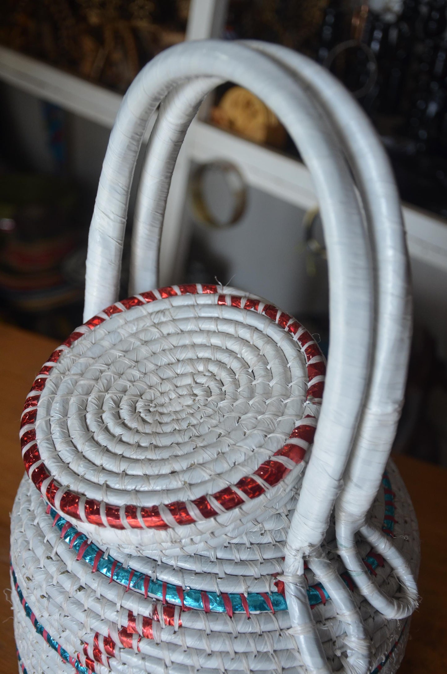 Handwoven Rwandan Agaseke Basket | White Boho Storage Basket with Lid