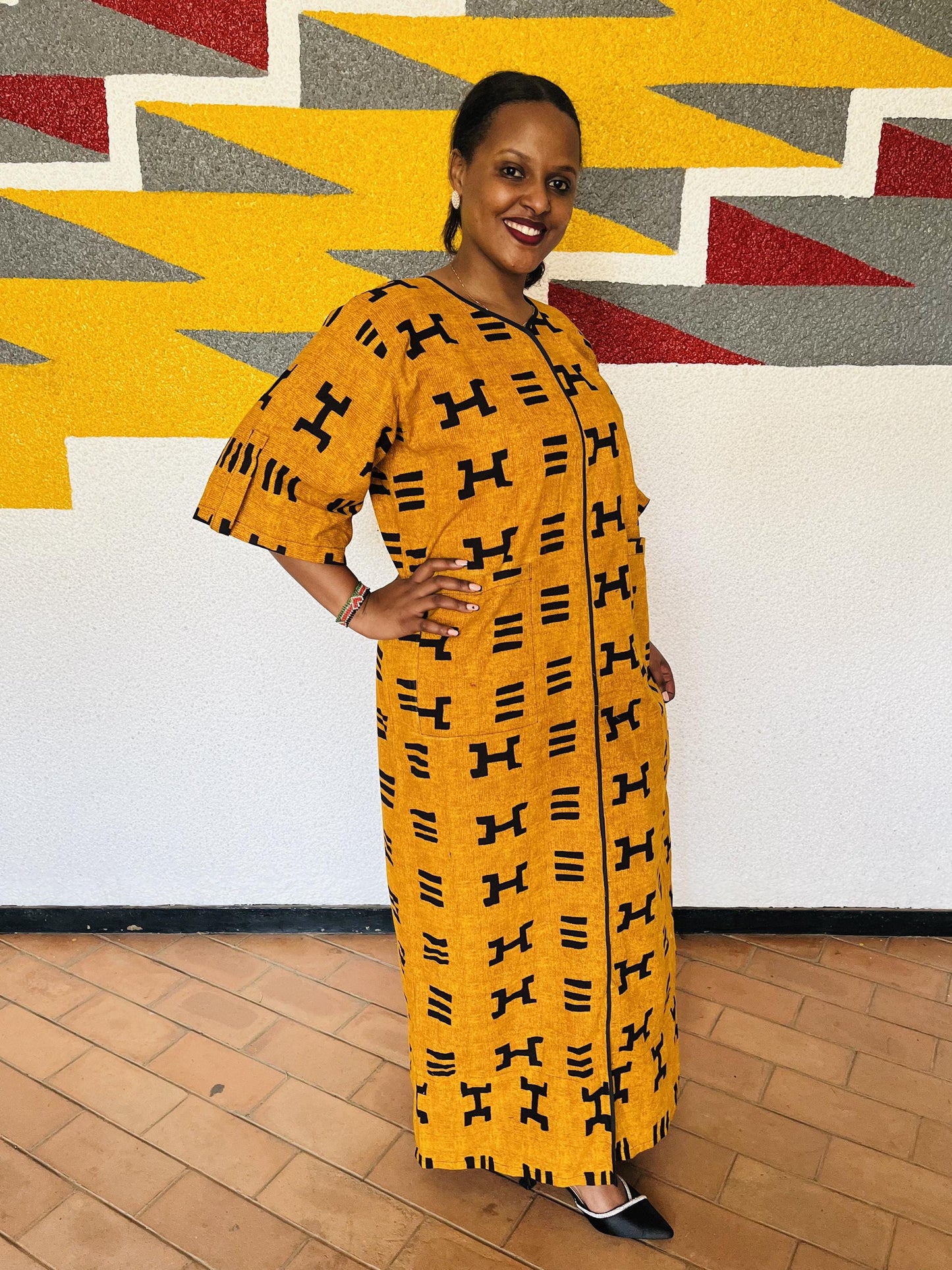 Mustard Yellow Graphic Shirt Kaftan | Buttoned Symbolic Boubou, Ochre Maxi