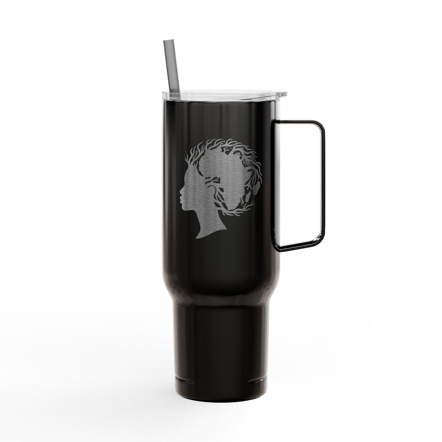 40oz Engraved Insulated Tumbler - Silhouette Woman with Dreadlocks, Travel Mug with Lid & Straw