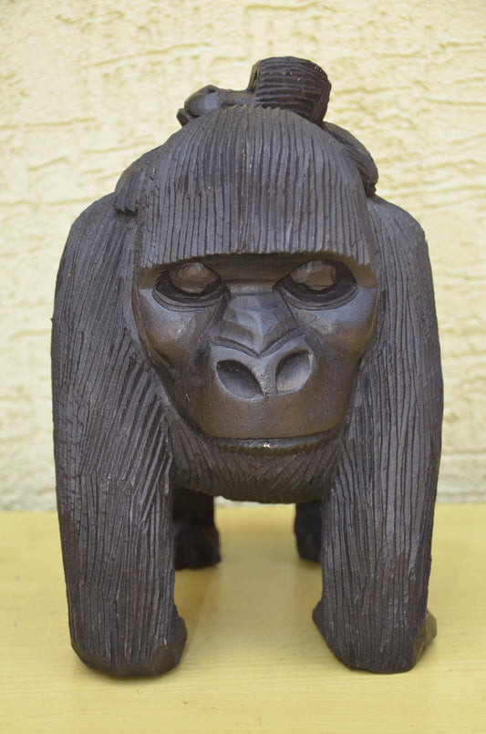 Large Hand Carved Wooden Gorilla and Baby | Wildlife Art