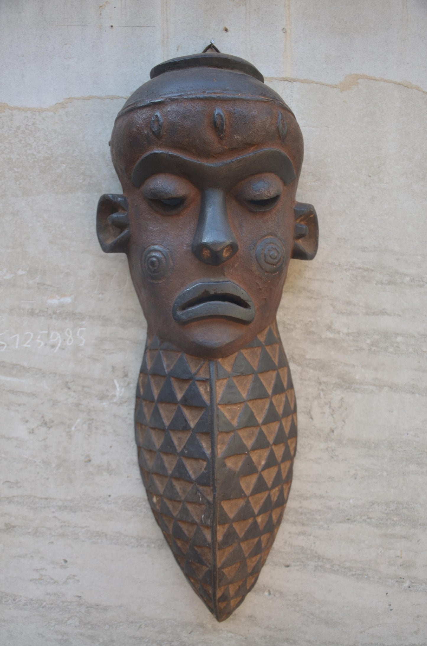 Large Chokwe Style Face Mask - 23" Elongated African Wood Carving, Geometric Tribal Wall Sculpture, High-End Primitive Art Statement Piece.