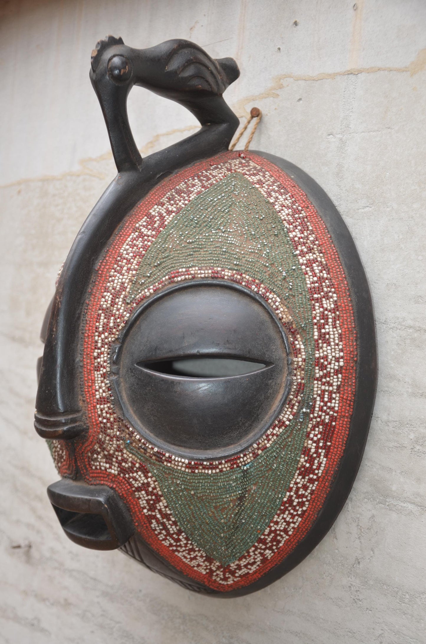 Authentic Beaded Luba Kifwebe Mask - 20" Hand-Carved Wood Striated African Mask, Congo Tribal Art, Glass Bead Accents Luxury Statement Piece