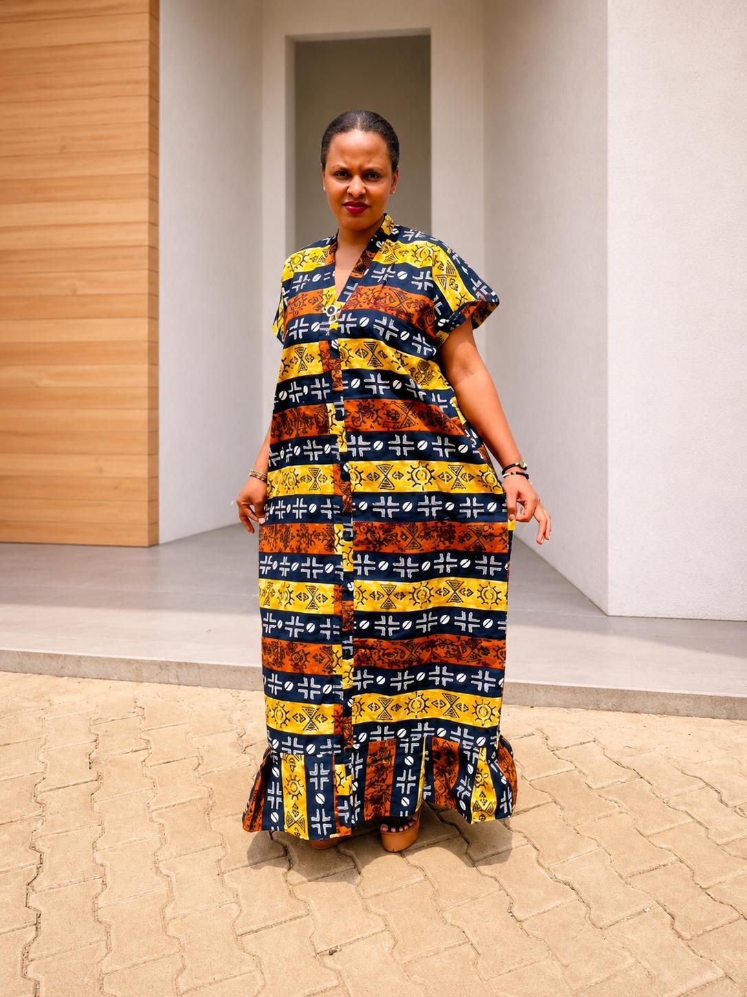 Ankara Shirt Kaftan Gown | Buttoned Boubou Dress, Striped Tribal Maxi