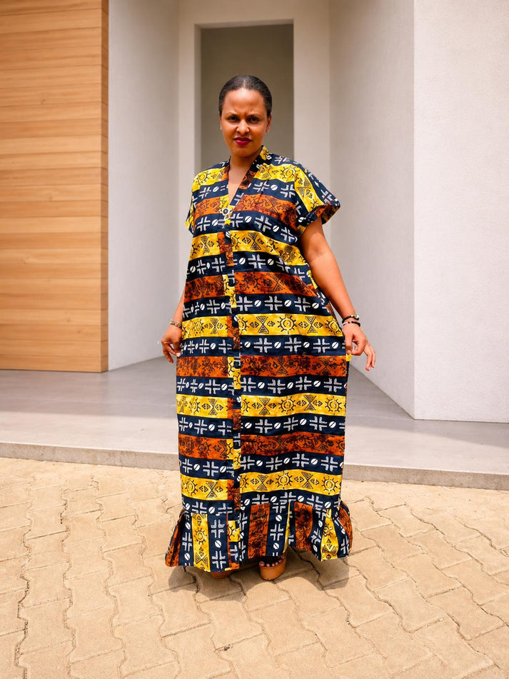 Ankara Shirt Kaftan Gown | Buttoned Boubou Dress, Striped Tribal Maxi
